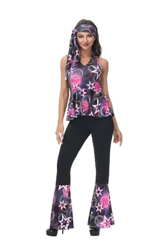 BIEGMAI Damen Plus Size Disco Hippie Kostüm Set 60er 70er 80er 90er Retro Stil Outfit für Halloween Fasching Party (6722-star Pinkblack, XXL) von BIEGMAI