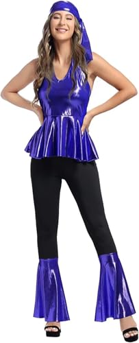 BIEGMAI Damen Plus Size Disco Hippie Kostüm Set 60er 70er 80er 90er Retro Stil Outfit für Halloween Fasching Party (Blau, XXL) von BIEGMAI