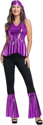 BIEGMAI Damen Plus Size Disco Hippie Kostüm Set 60er 70er 80er 90er Retro Stil Outfit für Halloween Fasching Party (Lila, XL) von BIEGMAI