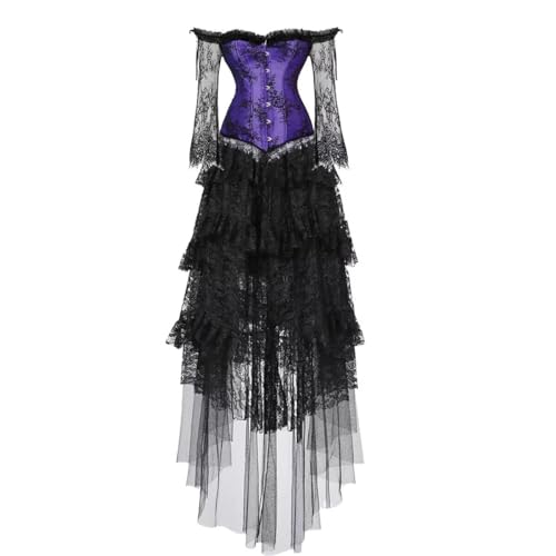 BIEGMAI Damen Plus Size Floral Lace Bustier Kostüm Langarm Korsett Top Rock Set Elegant Party Dress Up Outfit (Lila Schwarz, L) von BIEGMAI