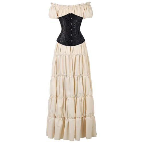 BIEGMAI Damen Renaissance Kostüm Mittelalter Korsett Set - Kurzarm Kleid mit Irischem Überkleid Viktorianischer Vintage-Stil (Khakiblack, XXL) von BIEGMAI