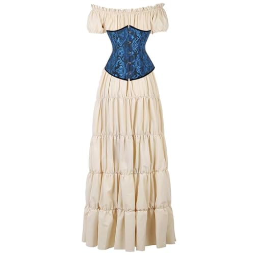BIEGMAI Damen Renaissance Kostüm Mittelalter Korsett Set - Kurzarm Kleid mit Irischem Überkleid Viktorianischer Vintage-Stil (Khakiblackblue, XL) von BIEGMAI