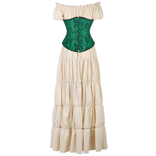 BIEGMAI Damen Renaissance Kostüm Mittelalter Korsett Set - Kurzarm Kleid mit Irischem Überkleid Viktorianischer Vintage-Stil (Khakiblackgreen, XL) von BIEGMAI