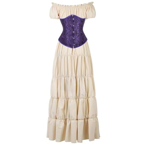 BIEGMAI Damen Renaissance Kostüm Mittelalter Korsett Set - Kurzarm Kleid mit Irischem Überkleid Viktorianischer Vintage-Stil (Khakiblackpurple, S) von BIEGMAI