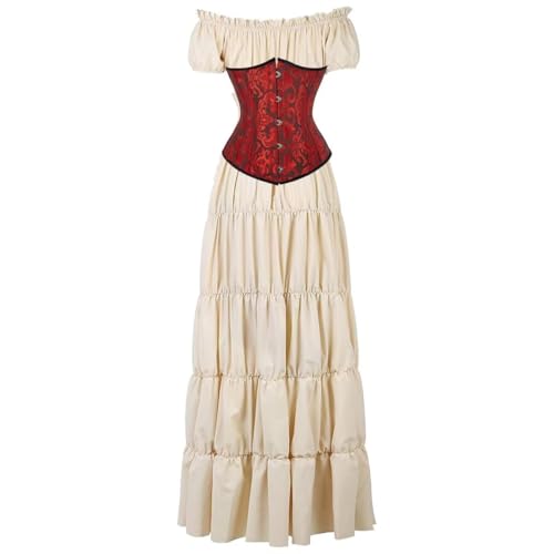 BIEGMAI Damen Renaissance Kostüm Mittelalter Korsett Set - Kurzarm Kleid mit Irischem Überkleid Viktorianischer Vintage-Stil (Khakiblackred, 3XL) von BIEGMAI