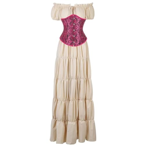 BIEGMAI Damen Renaissance Kostüm Mittelalter Korsett Set - Kurzarm Kleid mit Irischem Überkleid Viktorianischer Vintage-Stil (Khakiblackrose, XL) von BIEGMAI