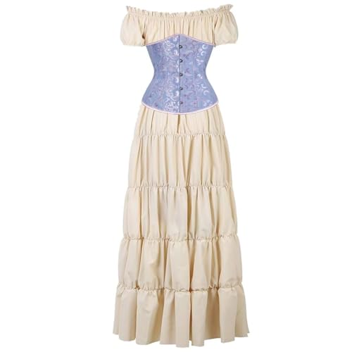 BIEGMAI Damen Renaissance Kostüm Mittelalter Korsett Set - Kurzarm Kleid mit Irischem Überkleid Viktorianischer Vintage-Stil (Khakiblau, XXL) von BIEGMAI