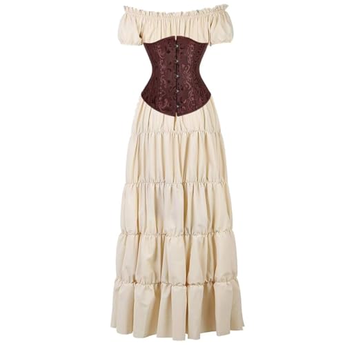 BIEGMAI Damen Renaissance Kostüm Mittelalter Korsett Set - Kurzarm Kleid mit Irischem Überkleid Viktorianischer Vintage-Stil (Khakibraun, 3XL) von BIEGMAI
