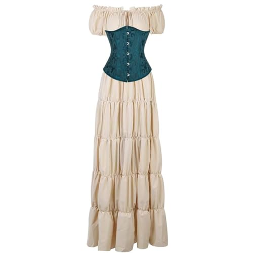 BIEGMAI Damen Renaissance Kostüm Mittelalter Korsett Set - Kurzarm Kleid mit Irischem Überkleid Viktorianischer Vintage-Stil (Khakideepgreen, 3XL) von BIEGMAI