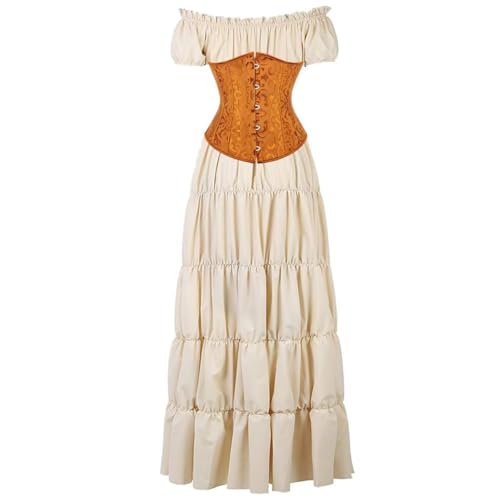 BIEGMAI Damen Renaissance Kostüm Mittelalter Korsett Set - Kurzarm Kleid mit Irischem Überkleid Viktorianischer Vintage-Stil (Khakigold, S) von BIEGMAI
