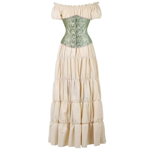 BIEGMAI Damen Renaissance Kostüm Mittelalter Korsett Set - Kurzarm Kleid mit Irischem Überkleid Viktorianischer Vintage-Stil (Khakigreen, XL) von BIEGMAI