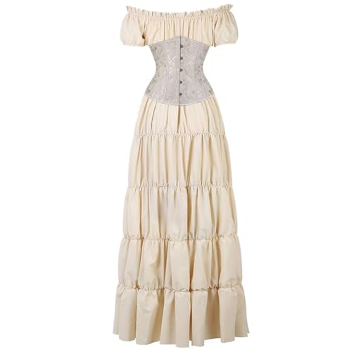 BIEGMAI Damen Renaissance Kostüm Mittelalter Korsett Set - Kurzarm Kleid mit Irischem Überkleid Viktorianischer Vintage-Stil (Khakikhaki, XXL) von BIEGMAI
