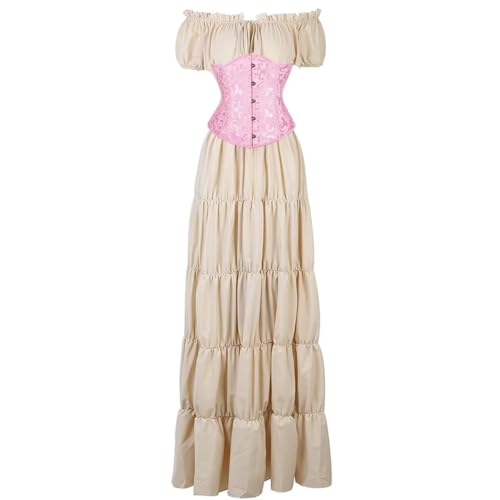 BIEGMAI Damen Renaissance Kostüm Mittelalter Korsett Set - Kurzarm Kleid mit Irischem Überkleid Viktorianischer Vintage-Stil (Khakipink, M) von BIEGMAI