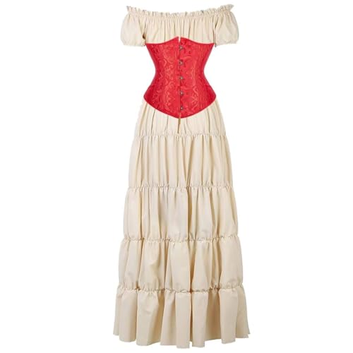 BIEGMAI Damen Renaissance Kostüm Mittelalter Korsett Set - Kurzarm Kleid mit Irischem Überkleid Viktorianischer Vintage-Stil (Khakired, S) von BIEGMAI