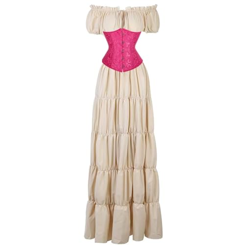 BIEGMAI Damen Renaissance Kostüm Mittelalter Korsett Set - Kurzarm Kleid mit Irischem Überkleid Viktorianischer Vintage-Stil (Khakirose, M) von BIEGMAI