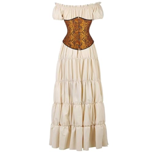 BIEGMAI Damen Renaissance Kostüm Mittelalter Korsett Set - Kurzarm Kleid mit Irischem Überkleid Viktorianischer Vintage-Stil (Khakiturmeric, XXL) von BIEGMAI