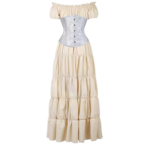 BIEGMAI Damen Renaissance Kostüm Mittelalter Korsett Set - Kurzarm Kleid mit Irischem Überkleid Viktorianischer Vintage-Stil (Khakiwhite, S) von BIEGMAI