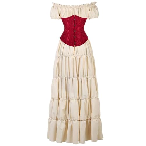 BIEGMAI Damen Renaissance Kostüm Mittelalter Korsett Set - Kurzarm Kleid mit Irischem Überkleid Viktorianischer Vintage-Stil (Khakiwinered, M) von BIEGMAI