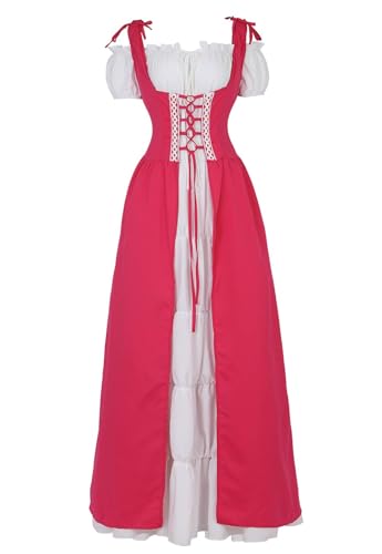 BIEGMAI Damen Renaissance Mittelalter Kleid Deluxe Irisches Kleid | Viktorianischer Vintage-Stil für Cosplay Halloween Mottoparty (Rosarot, XXL) von BIEGMAI