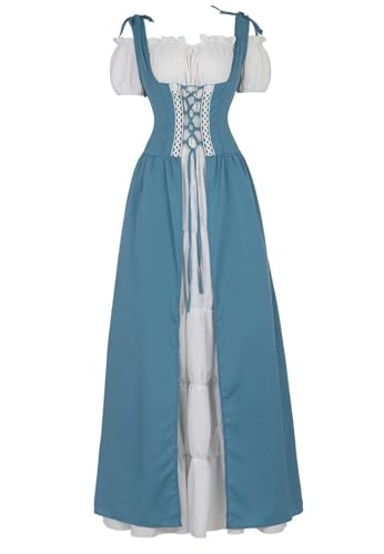 BIEGMAI Damen Renaissance Mittelalter Kleid Deluxe Irisches Kleid | Viktorianischer Vintage-Stil für Cosplay Halloween Mottoparty (Seewasserblau, XS) von BIEGMAI