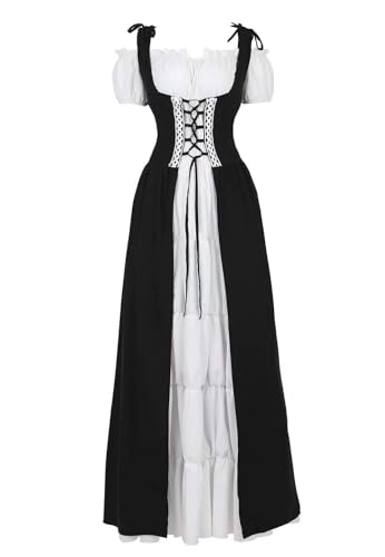 BIEGMAI Damen Renaissance Mittelalter Kleid Deluxe Irisches Kleid | Viktorianischer Vintage-Stil für Cosplay Halloween Mottoparty (Weiß Schwarz, XXL) von BIEGMAI