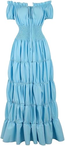 BIEGMAI Damen Renaissance Mittelalter Kleid Kurzarm Irisches Kleid Deluxe Viktorianischen Vintage Stil Cosplay Halloween Party (Hellblau, XL) von BIEGMAI