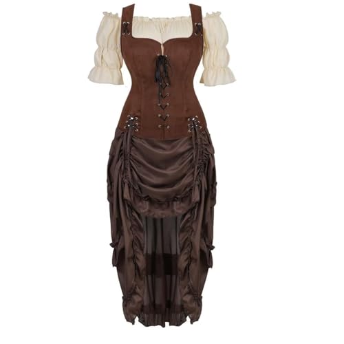 BIEGMAI Damen Renaissance Mittelalter Kostüm Set - Vintage Chemise Kleid, Piratenweste & Bauernoberteil für Irisches Thema, Cosplay, Halloween, Renaissance Fair (Coffee65056388khaki, 3XL) von BIEGMAI