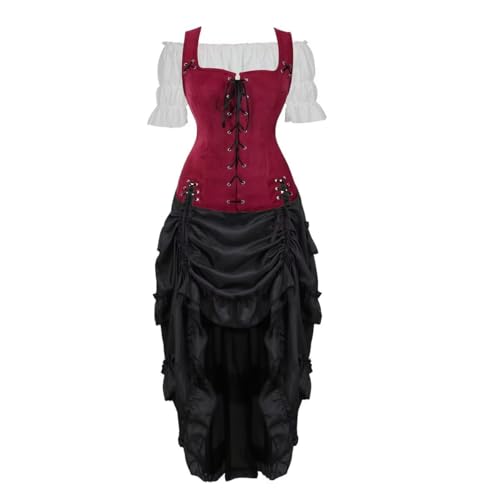 BIEGMAI Damen Renaissance Mittelalter Kostüm Set - Vintage Chemise Kleid, Piratenweste & Bauernoberteil für Irisches Thema, Cosplay, Halloween, Renaissance Fair (Weinrot6505 Weiß, 3 Set, XXL) von BIEGMAI