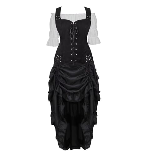 BIEGMAI Damen Renaissance Mittelalter Kostüm Set - Vintage Chemise Kleid, Piratenweste & Bauerntop für Irisches Thema, Cosplay, Halloween, Renaissance Fair (Black6505white 3set, XL) von BIEGMAI