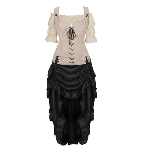 BIEGMAI Damen Renaissance Mittelalter Kostüm Set Vintage Chemise Kleid Piraten Weste Bauerntop Irisches Thema Cosplay Halloween Renaissance Fair (Beige6505khaki, S) von BIEGMAI