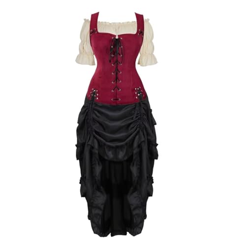 BIEGMAI Damen Renaissance Mittelalter Kostüm Set Vintage Chemise Kleid Piraten Weste Bauerntop Irisches Thema Cosplay Halloween Renaissance Fair (Weinrot6505khaki, M) von BIEGMAI