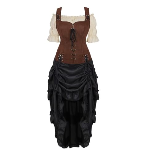 BIEGMAI Damen Renaissance Mittelalter Kostüm Set Vintage Chemise Kleid Piraten Weste Bauerntop Irisches Thema Cosplay Halloween Renaissance Messe (Coffee6505khaki, M) von BIEGMAI