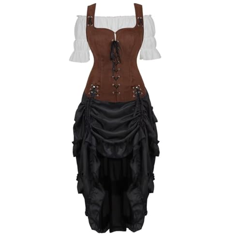 BIEGMAI Damen Renaissance Mittelalter Kostüm Set Vintage Chemise Kleid Piraten Weste Bauerntop Irisches Thema Cosplay Halloween Renaissance Messe (Coffee6505white 3set, L) von BIEGMAI