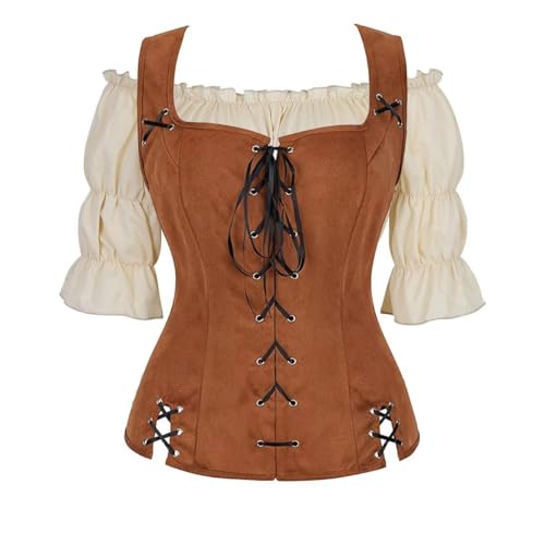 BIEGMAI Damen Steampunk Pirat Renaissance Kostüm Schnürmieder Weste Wikinger Cosplay Motto Events (Brown6505khaki, XXL) von BIEGMAI