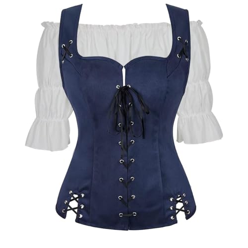 BIEGMAI Damen Steampunk Pirat Renaissance Kostüm Schnürmieder Weste Wikinger Cosplay Motto Events (Dark Blue6505white, 3XL) von BIEGMAI