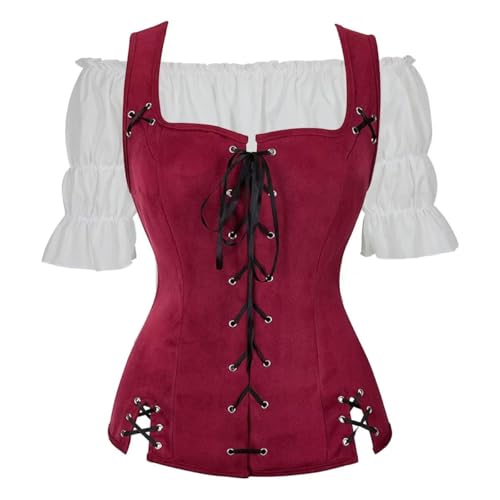 BIEGMAI Damen Steampunk Pirat Renaissance Kostüm Schnürmieder Weste Wikinger Cosplay Themen-Events (Weinrot6505white, XXL) von BIEGMAI