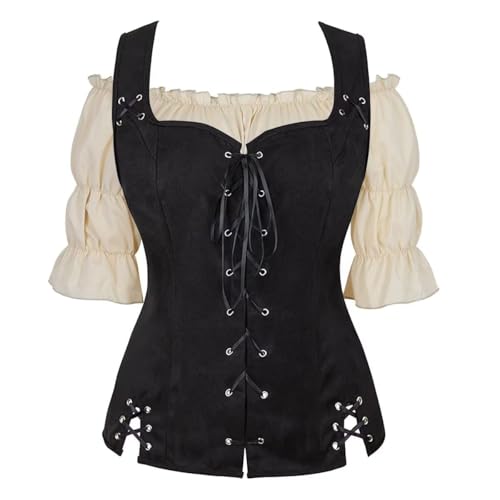 BIEGMAI Damen Steampunk Pirat Renaissance Kostüm Spitze Mieder Weste Wikinger Cosplay Motto Events (Black6505khaki, L) von BIEGMAI