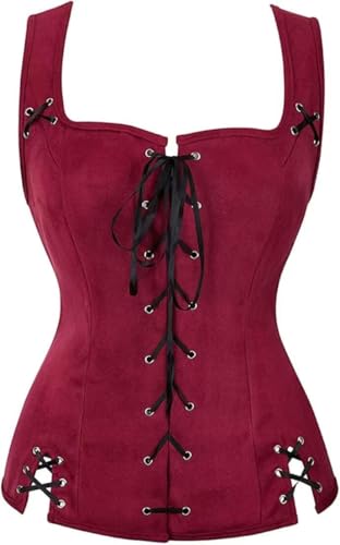 BIEGMAI Damen Steampunk Piraten Weste Renaissance Wikinger Schnürweste Miederweste Cosplay Kostüm (Weinrot, 3XL) von BIEGMAI
