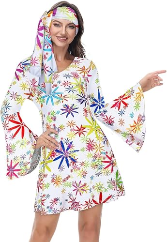 BIEGMAI Damen Übergröße Disco Hippie Faschingsset 60er 70er 80er 90er Retro Kostüm für Halloween (Blume Weiß, M) von BIEGMAI
