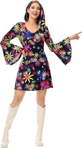BIEGMAI Damen Übergröße Disco Hippie Kostüm Set 60er 70er 80er 90er Retro Kostüm für Halloween (Blume Schwarz, 3XL) von BIEGMAI