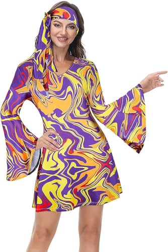 BIEGMAI Damen Übergröße Disco Hippie Kostüm Set 60er 70er 80er 90er Retro Kostüm für Halloween (Gelb Lila, XL) von BIEGMAI
