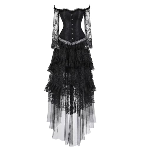 BIEGMAI Damen Übergröße Floral Lace Bustier Kostüm Langarm Korsett Top Rock Set Elegant Party Dress Up Outfit (Schwarz, 6XL) von BIEGMAI