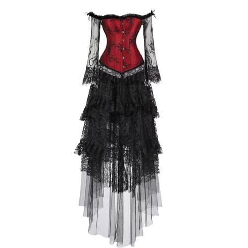 BIEGMAI Damen Übergröße Floral Lace Bustier Kostüm - Langarm Korsett Top & Rock Set Elegant Party Dress Up Outfit (Rot Schwarz, 4XL) von BIEGMAI