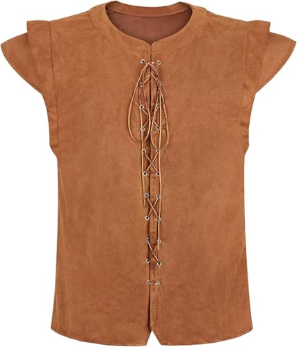 BIEGMAI Herren Mittelalterliche Piratenweste – Renaissance Gothic Viktorianische Steampunk Wikingerweste, Retro-Schnürdesign für Halloween, Cosplay und tägliche Kostüm-Outfits (Brown53001, XL) von BIEGMAI