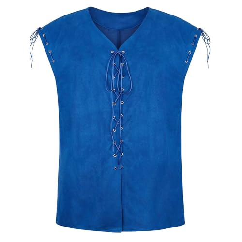 BIEGMAI Herren Schnürweste Mittelalter Weste Pirat Wikinger Gothic Viktorianische Renaissance Steampunk Retro Weste für Halloween Cosplay (Blue53002, XXL) von BIEGMAI