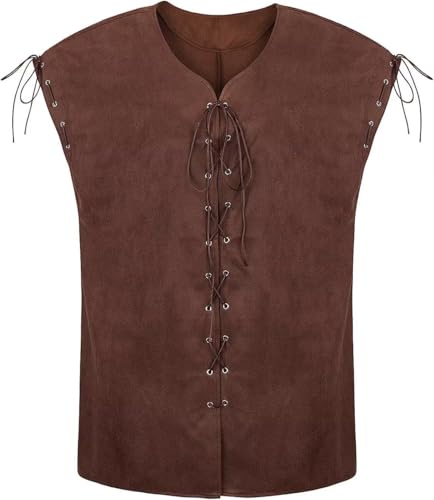 BIEGMAI Herren Schnürweste Mittelalter Weste Pirat Wikinger Gothic Viktorianische Renaissance Steampunk Retro Weste für Halloween Cosplay (Coffee53002, XL) von BIEGMAI