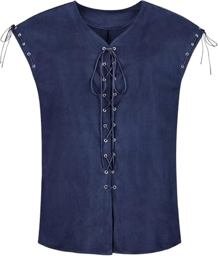 BIEGMAI Herren Schnürweste Mittelalter Weste Pirat Wikinger Gothic Viktorianische Renaissance Steampunk Retro Weste für Halloween Cosplay (Dunkelblau53002, L) von BIEGMAI