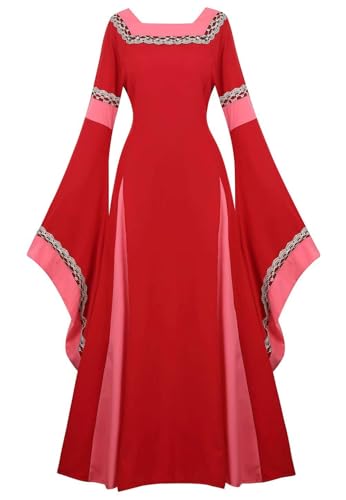 BIEGMAI Langes Damenkleid, Mittelalterkleid, Deluxe-Renaissancekleid, irischer Vintage-Stil, viktorianischer Stil, Cosplay, Halloween, formelle Anlässe (Rot, 3XL) von BIEGMAI