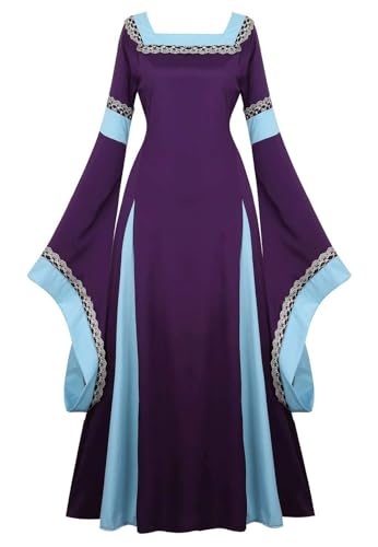 BIEGMAI Langes Damenkleid Mittelalter Deluxe Renaissance Kleid im irischen Vintage viktorianischen Stil Cosplay Halloween formelle Themenanlässe (Lila, XXL) von BIEGMAI