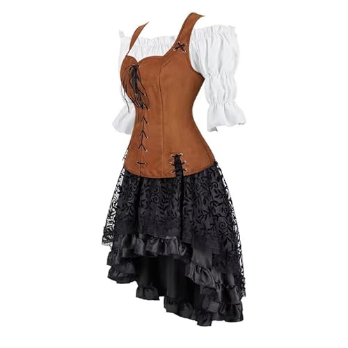 BIEGMAI Mittelalter Kostüm Damen Set mit Schnürung Mieder Weste Geeignet für Renaissance Steampunk Thema Cosplay Halloween Mottoparty (Brown6505khaki, XXL) von BIEGMAI